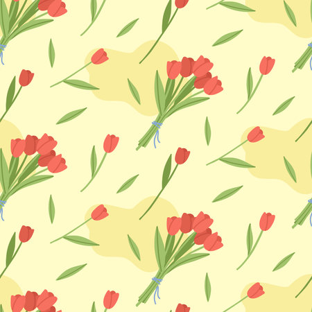 Abstract pattern in yellow flowers with a bouquet of cut red tulips, individual plants and shapeのイラスト素材