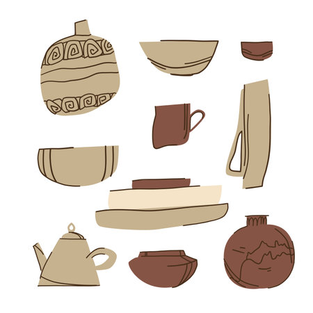 Set of ceramic dishes on a white background, clay vases, plates, cups, pottery master classのイラスト素材