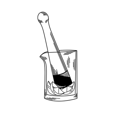 Mixing glass with muddler squeezing limes in line art style, bar suppliesのイラスト素材
