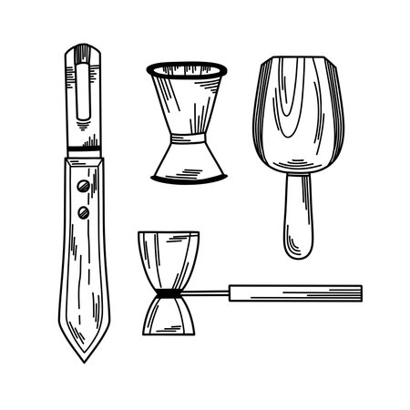 Set of bar accessories with jigger, ice scoops and chanel knife to create decorative elementsのイラスト素材