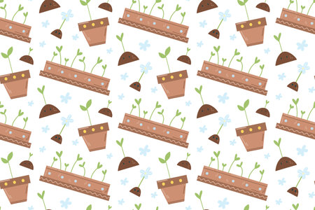 Garden spring pattern with plants, pots, flowers and mounds of earth with seedlingsのイラスト素材