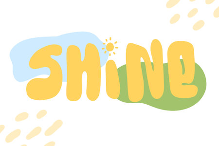 abstract doodle lettering shine, in bright yellow, colored shapes on the background and the sun signのイラスト素材