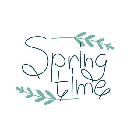 Minimalistic handwritten lettering of spring time with delicate graceful plant twigsのイラスト素材