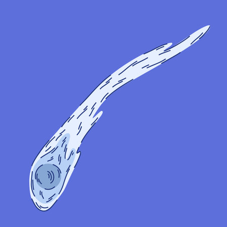 Illustration of a blue ice comet with a long flaming tail on a blue background in cartoon styleのイラスト素材
