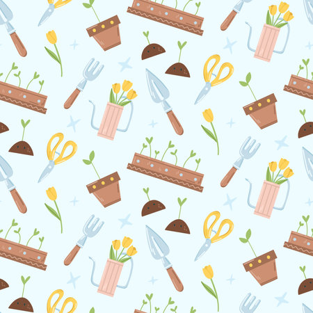 Garden pattern with working tools on a blue, shovels, scissors, watering cans, pots with sproutsのイラスト素材