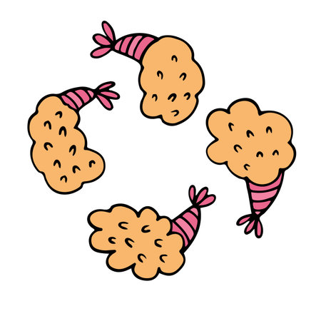 Illustration of a set of shrimp fries in a crust of baked flat style textのイラスト素材