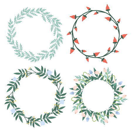 Set of minimalistic vector round wreaths of herbs and flowers, tulips, fern, roses on whiteのイラスト素材
