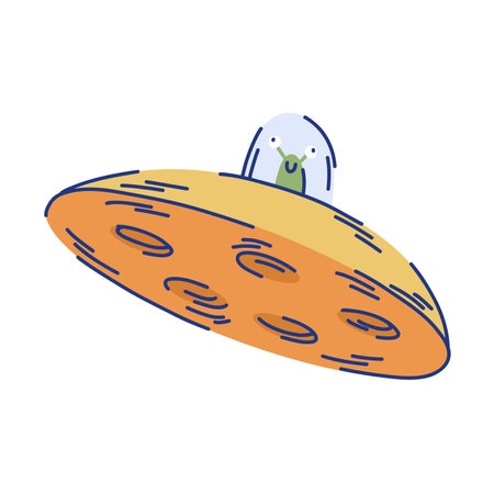 Flying saucer with a green alien inside a spaceshipのイラスト素材