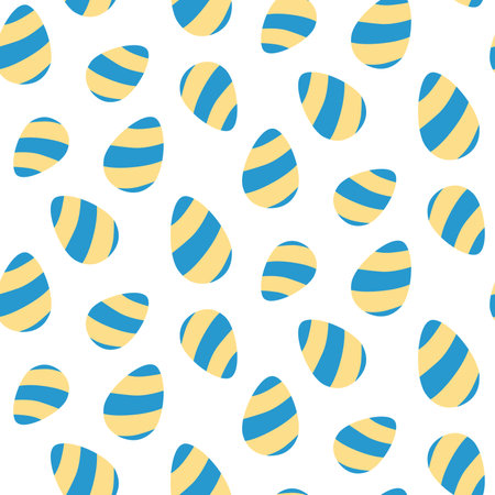 Festive Easter pattern with chocolate blue and yellow eggs scattered over a white backgroundのイラスト素材