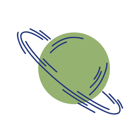 Illustration of green planet with long blue rings in doodle style isolated on whiteのイラスト素材