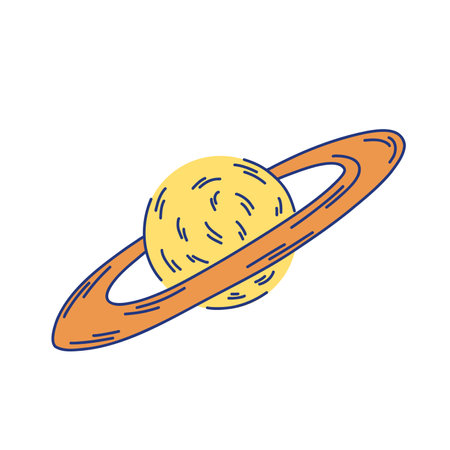 Illustration of yellow planet with orange ring in doodle style isolated on whiteのイラスト素材