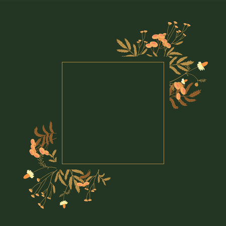 Square floral frame framed along the contour with field plants in autumn colors on green backgroundのイラスト素材