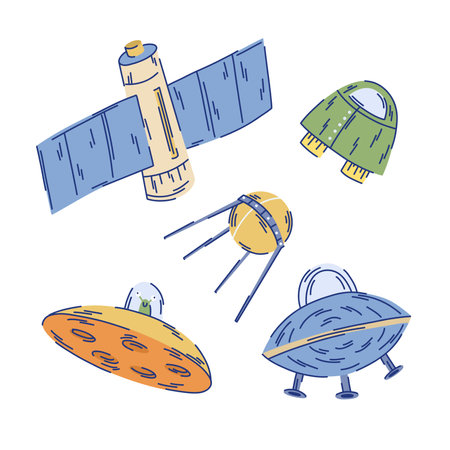 Set of illustrations of space satellites on a white background, spaceship in doodle styleのイラスト素材