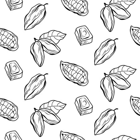 sparse black and white pattern with pieces of chocolate, cocoa pods and cocoa beansのイラスト素材