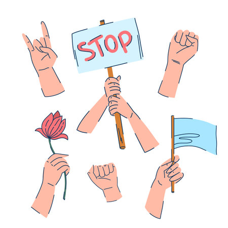 Set of protesting hands, hands with banners, flags, flowers, fists and goat handのイラスト素材