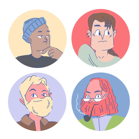 Avatars of stylized cartoon people in a round frame, various colors of skin, hair, clothesのイラスト素材