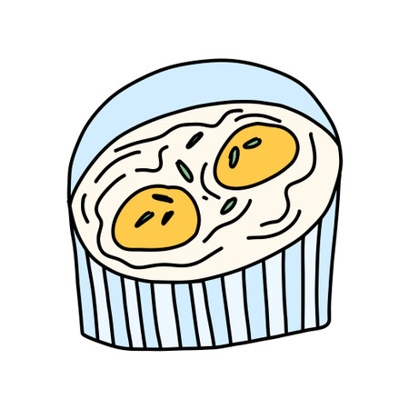 Baked eggs with yolks in ramekin, doodle illustration with bowl for breakfastのイラスト素材