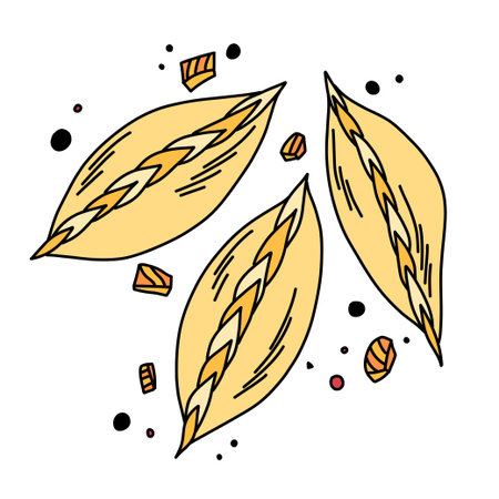 Doodle-style baked dough pies with golden brown fish filling, illustration for a menuのイラスト素材