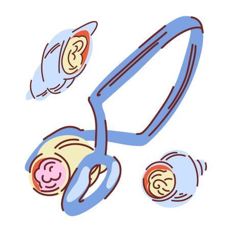 Escargot tongs holding a snail with herbs in the shell among seafood in shells on whiteのイラスト素材