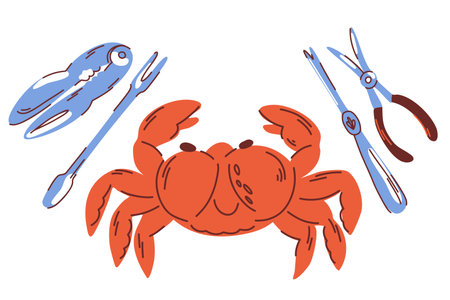 A crab arrangement among seafood cutlery, crab crackers, crab leg forks and picks, lobster tongsのイラスト素材