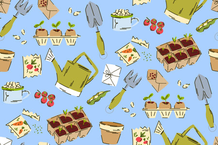 A  pattern with a gardening theme, featuring watering cans, seeds, scoops, and seedlings. Hand-Drawn Gardening Essentials and Seedlings Seamless Patternのイラスト素材