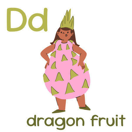 A girl in a dragon fruit costume learning the English alphabet with flashcards, letter Dのイラスト素材