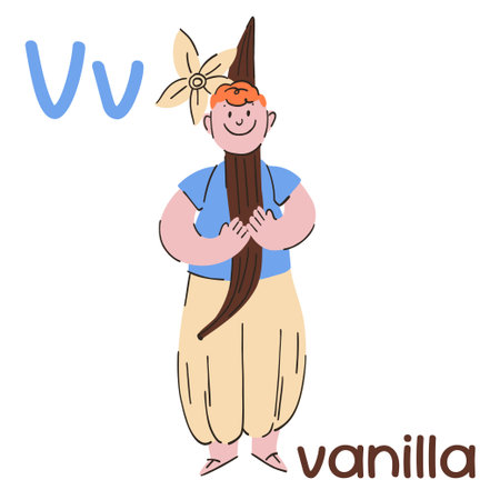 A shy, red-haired boy in a vanilla bean costume and harem pants, an educational flashcard for the letter Vのイラスト素材