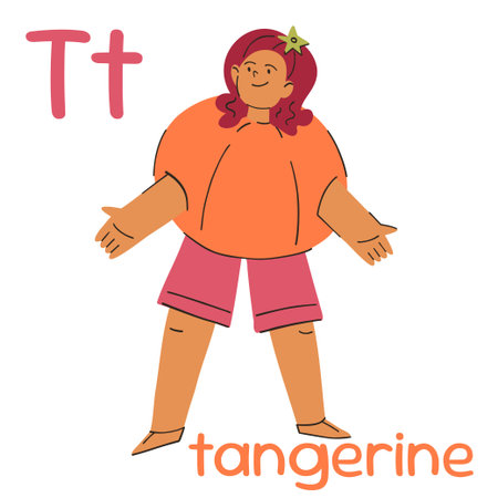 A girl with red hair and shorts in a Mandarin suit, letter T learning Englishのイラスト素材