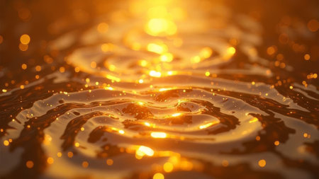 Golden water ripples shimmering with bright reflections and soft bokeh creating a warm, peaceful atmosphere ideal for luxury, beauty, or nature themed marketing materials.の素材
