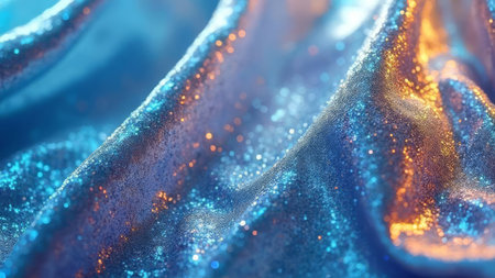 A close-up of shimmering blue fabric with gold glitter sparkles and soft folds creating a luxurious and vibrant atmosphere perfect for fashion or artistic projects.の素材