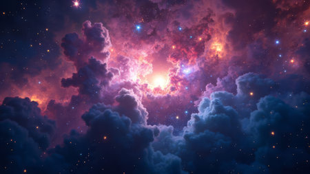 Bright cosmic nebula with colorful clouds and sparkling stars in deep space creating a vibrant, awe-inspiring atmosphere perfect for science, astronomy, and space exploration themes.の素材
