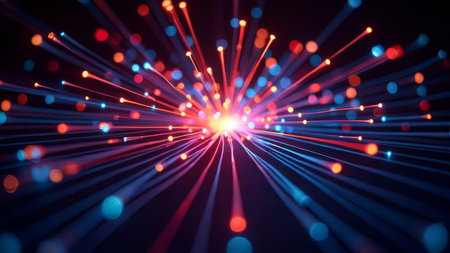Vivid light burst with colorful streaks radiating from a bright center creates a dynamic abstract background ideal for technology, science, and digital design projects.の素材
