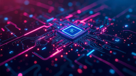 A high-tech digital circuit board illuminated with vibrant pink and blue neon lights, showcasing a central microchip, conveying a modern technological and futuristic atmosphere ideal for tech industry marketing.の素材