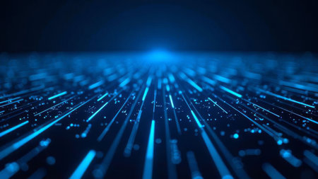 Abstract digital data stream with glowing blue lines and points emanating from a central bright point on a dark background, evoking technology and innovation, ideal for tech and digital marketing.の素材