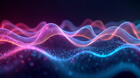 Vibrant digital wave pattern with colorful glowing lines and dots creates a futuristic and dynamic atmosphere ideal for technology, innovation, and digital art projects.の素材