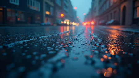 A wet city street at night with reflections and blurred lights creating a moody, atmospheric scene in an urban setting perfect for travel, nightlife, or city life marketing.の素材