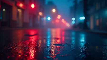 A moody night scene of a wet city street with reflections of vibrant red and blue neon lights on the wet pavement creating a dramatic atmospheric effect perfect for urban lifestyle and nightlife marketing.の素材