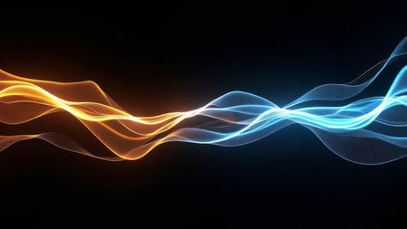 Dynamic abstract light waves in vibrant blue and orange hues flowing across a dark background create a modern and energetic atmosphere suitable for technology and innovation themes.の素材