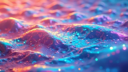 A close-up of an iridescent liquid surface with vibrant pink, blue, and purple colors, glowing highlights, and shimmering reflections creating a dynamic and artistic atmosphere perfect for creative and technological marketing.の素材