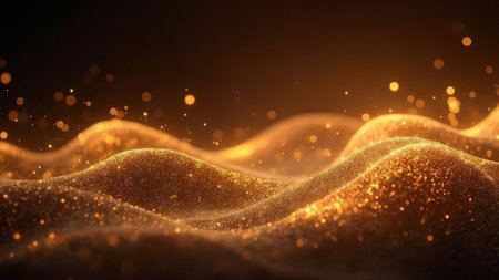 Golden light waves and particles flow across a dark background creating an elegant and dynamic atmosphere suitable for technology, innovation, and luxury marketing.の素材