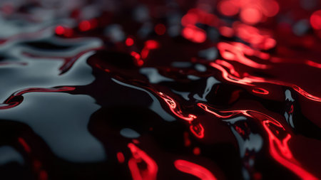 A close-up of glossy red and black liquid with flowing shapes and reflective surface creating a dramatic and energetic mood ideal for artistic and creative marketing uses.の素材