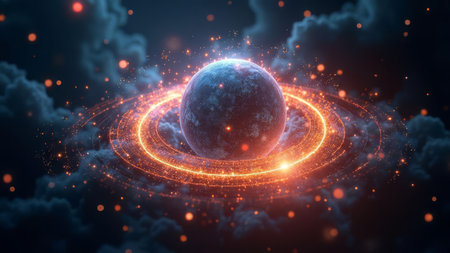 Futuristic Earth with glowing rings and particles floating in space surrounded by dark clouds creating a dramatic and energetic atmosphere ideal for science and technology themes.の素材