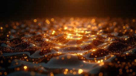 A close-up view of a shimmering golden liquid surface with glowing sparkles and reflections creating a vibrant, dynamic, and luxurious atmosphere suitable for technology and artistic projects.の素材