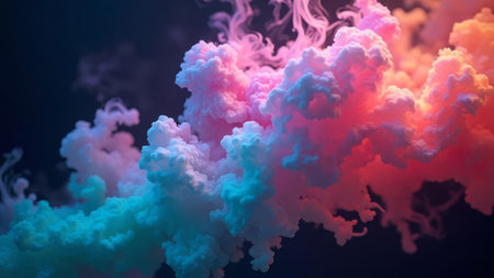 Vivid colorful smoke cloud with pink blue and purple tones swirling against a dark background creating an artistic abstract visual suitable for creative projects and digital art.の素材