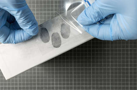 scientific police using fingerprint instant lifters, adhesive film for catchingの写真素材