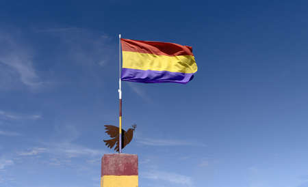 Second Spanish Republic flag in the period between 1931 and 1939, horizontal tricolor flag composed of the colors red, yellow and purpleの写真素材