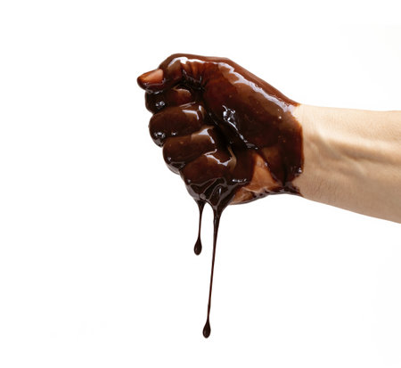 A Mediterranean Caucasian hand clenches the fist of dripping chocolate, white backgroundの写真素材