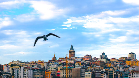 Istanbul Turkey - 2.9.2021: Galata Tower and Seagulls. Istanbul background photo. Dramatic clouds.のeditorial素材