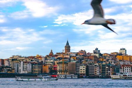 Istanbul Turkey - 2.9.2021: Galata Tower and Seagulls. Istanbul background photo. Dramatic clouds.のeditorial素材