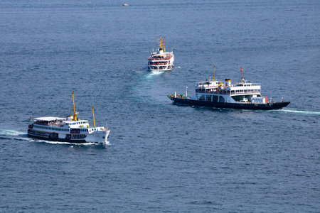 Ferries of Istanbul on the bosphorus from Galata Towerのeditorial素材